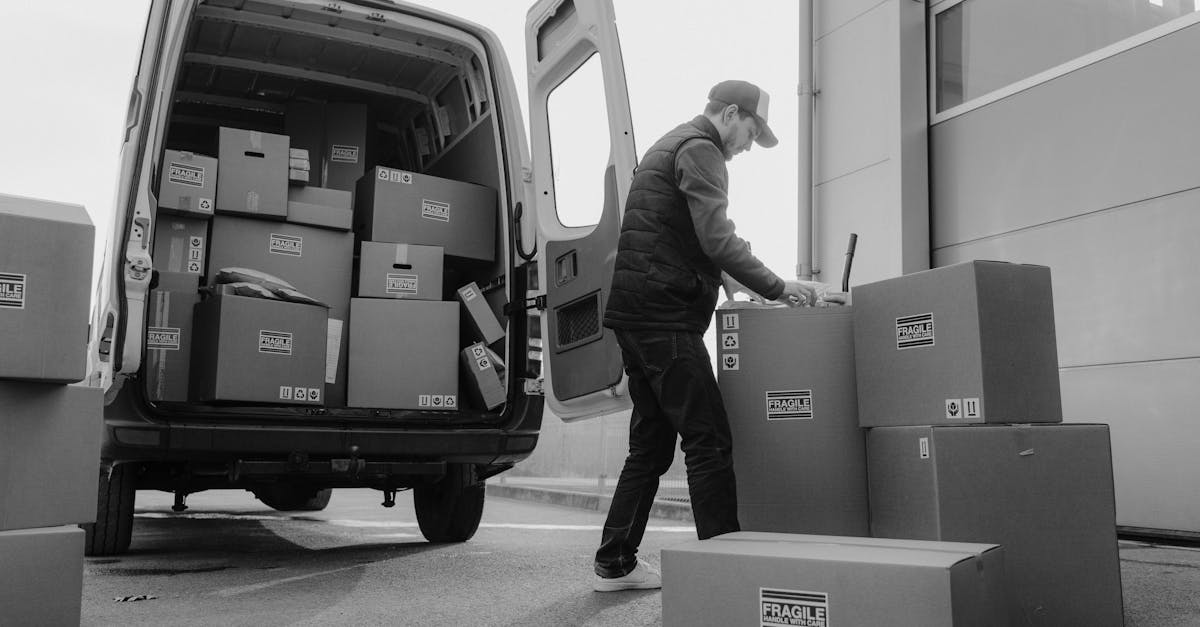 Delivery driver unloads packages from a van, organizing shipments outdoors.